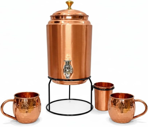 Distributeur d'eau en cuivre 100% pur fait main 5L avec robinet en verre, réservoir en cuivre martelé, Matki en métal, bienfaits ayurvédiques, pour l'extérieur - Product Image 1