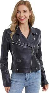 Veste moto en cuir PU noir pour femme, coupe ajustée, col rabattu, fermeture éclair, couleur unie, style automne - Product Image 2
