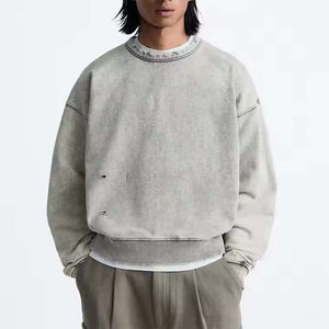 Sweat-shirts à col rond surdimensionnés personnalisés avec impression en relief, effet usé et délavé à l'acide, en coton French Terry épais pour hommes - Product Image 1