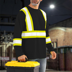 Camisa de Trabajo de Alta Visibilidad de Dos Tonos, Manga Larga, Algodón Transpirable, Certificación EN, Color Negro y Verde Neón, Ropa de Seguridad Reflectante para Trabajo en Carretera - Product Image 4