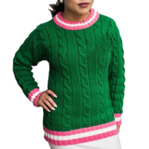 Pull grec personnalisé AKA en maille torsadée longue pour femmes, avec col roulé et bordures côtelées roses et blanches - Product Image 1