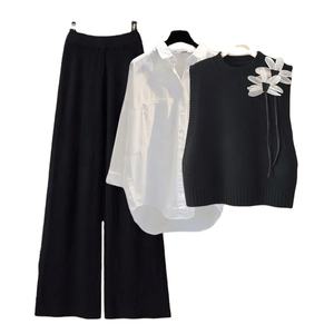 ชุดเสื้อผ้าผู้หญิงสำหรับสาวออฟฟิศ3ชิ้นเสื้อถักแบบหรูหรา + เสื้อเชิ้ตสีขาว + กางเกงขากว้างสำหรับฤดูหนาวฤดูใบไม้ร่วง - Product Image 1