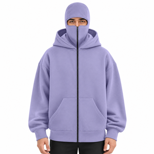 Custom <b>Men's</b> Double Balaclava Hoodie Polyester Cotton Full Zip Streetwear Jacket Casual Style With Attached <b>Face</b> Cover And Cuffs - Product Image 1