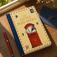 Carnet de journal LABON personnalisé en lin crème, couverture rigide, dos bleu marine, titre en feuille d'or, bordure rouge et bleue, timbres postaux