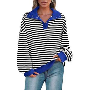 Sudaderas con Capucha a Rayas Extra Grandes de Moda Casual para Mujer, Tops con Botones de Manga Larga, Ropa Preppy para Primavera y Otoño - Product Image 1