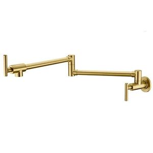 Rubinetto da cucina a due maniglie color oro con doppio giunto e bracci oscillanti, design pieghevole a parete per riempimento pentole - Product Image 1