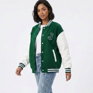 <b>Men's</b> Green <b>White</b> Varsity <b>Jacket</b> Letter J Embroidered Preppy Style Regular Fit Turn-down Collar Autumn Wear - Product Image 4