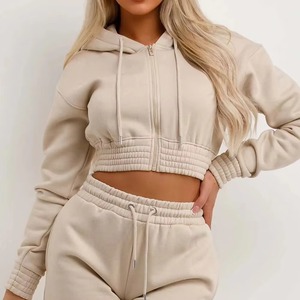 Ensemble de survêtement décontracté pour femme avec sweat-shirt court à capuche et short à cordon de serrage, couleur unie, manches longues, coupe régulière, pour l'automne - Product Image 3