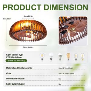 20-Inch Caged Ceiling Fan <b>Light</b> with Wood Flush Mount 7 Blades 4 E26 <b>Sockets</b> 6 Speeds Reversible DC Motor - Product Image 2