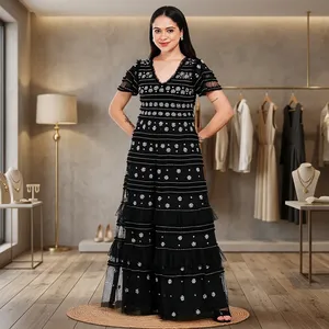 Women's Black V Neck <b>Maxi</b> <b>Dress</b> Short Sleeve Tiered A Line Floral Embroidered Tulle Fabric Summer Vacation Gown - Product Image 1