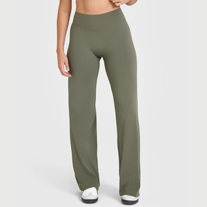 High Waist Solid Color Seamless Full Length Yoga Pants Women Olive Green Stretchy <b>Flared</b> <b>Leggings</b> Soft Spandex/Polyester - Product Image 1
