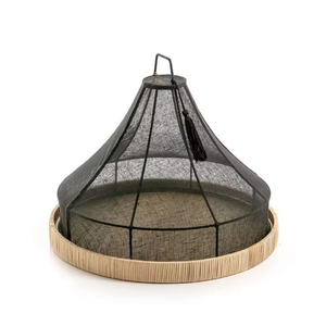 <b>Round</b> Bamboo Cake <b>Tray</b> With Black Mesh Cover Reusable Design For Elegant Display Home Hotel Cake <b>Serving</b> Stand In Lowest Price - Product Image 1