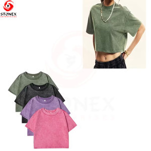 Women Vintage Summer Eco-Friendly Breathable <b>Distressed</b> O-Neck Crop <b>Top</b> Tee Quick Dry Acid Washed Customizable Logo - Product Image 1