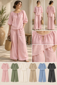 Ensemble deux pièces tendance pour l'été : haut rose à manches bouffantes et pantalon large – Vêtements décontractés unis pour la vente en gros B2B – Fournisseur en gros - Product Image 2