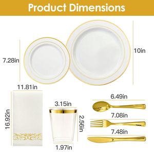 Ensemble de vaisselle jetable de qualité supérieure avec bordure dorée, 175 pièces, pour 25 invités, assiettes, gobelets et couverts en plastique de qualité supérieure pour mariages, anniversaires - Product Image 6