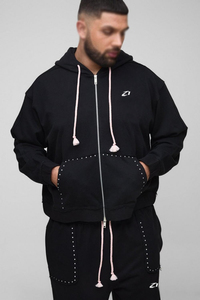 Survêtement Homme Personnalisé avec Clous Métalliques, Zippé Intégral, Deux Pièces : Sweat à Capuche et Joggers à Jambes Larges, Style Streetwear Décontracté, 100% Coton Molleton Épais - Product Image 4