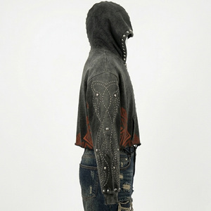 Sweat à capuche formel pour homme, entièrement personnalisé, style vintage automne, tricoté, en tissu épais, délavé, style urbain, à manches longues avec rivets - Product Image 3