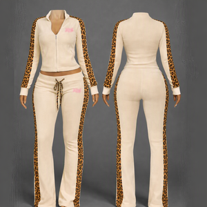 Conjunto de 2 piezas para mujer con logo personalizado 2026: Sudadera corta con cremallera completa y pantalones de chándal de pierna ancha con estampado de leopardo y rayas laterales, ideal para otoño. - Product Image 3