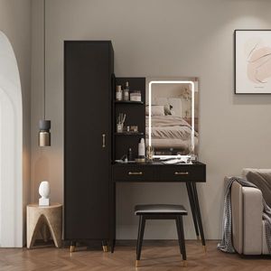 Slim Makeup Vanity <b>Table</b> with LED Mirror and Power Outlets 2 Drawers <b>Tall</b> Armoire Wardrobe Set for Bedroom Dressing - Product Image 1