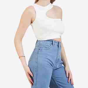 Top Corto Asimétrico Blanco para Mujer, Estilo Transpirable de Color Sólido, con Diseño Calado, Tejido de Punto, Spandex y Algodón - Product Image 4