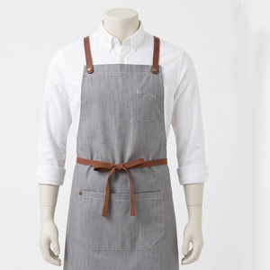 Premium 260 GSM Cotton Poly Gray Work Apron Leather Strap <b>Utility</b> Pocket Embroidered Logo Apron for Bakers and Chefs - Product Image 1