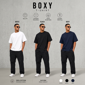 เสื้อยืดทรงบ็อกซี่ฟิตสำหรับผู้ชาย ผ้าฝ้ายถัก 100% 240GSM ทรงโอเวอร์ไซส์ สไตล์ลำลอง สีพื้น แขนสั้น คอกลม ระบายอากาศได้ดี สีขาว ดำ กรมท่า - Product Image 3
