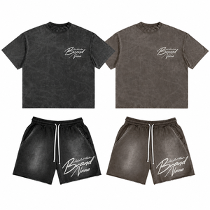 Ensemble deux pièces personnalisé avec cordon de serrage, short taille haute, sweat-shirt 100% coton délavé, short contrastant, vêtements d'été unisexes - Product Image 1