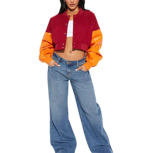 OEM Street Wear Women's Varsity Crop <b>Jacket</b> with <b>Leather</b> <b>Long</b> Sleeves Wool and Canvas Breathable Design Ribbed Private Label - Product Image 1