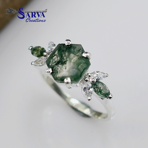Women's 925 Silver <b>Moss</b> <b>Agate</b> Hexagon Moissanite <b>Ring</b> With Diamond Flower Prong Setting Romantic Gemstone Engagement <b>Ring</b> - Product Image 4