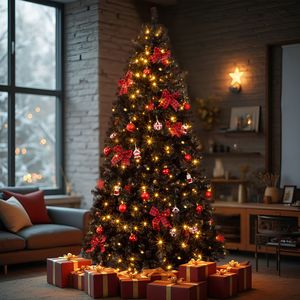 Albero di Natale Artificiale a Forma di Pino da 2,3 m con 350 Luci LED Bianco Caldo e Base Decorativa - Product Image 2