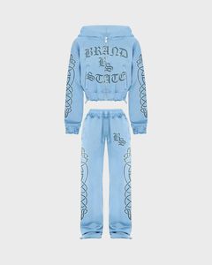 Light Blue Brand Vs State <b>Zip</b> <b>Up</b> Cropped Hoodie & Pants Set Oversized Streetwear Tracksuit. OEM Private Label Manufacturer - Product Image 1
