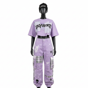 Conjunto de Pantalones Cargo y Top Corto de Felpa de Algodón Lavanda para Mujer, 270 GSM, Paneles de Patchwork a Cuadros, Estampado de Serigrafía, Logotipo Personalizado - Product Image 1