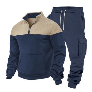 Conjunto Deportivo para Hombre en Gris y Blanco con Bloques de Color, Chaqueta de Media Cremallera y Pantalones Cargo de Manga Larga, Transpirable, Casual, para Otoño, Corte Regular - Product Image 3
