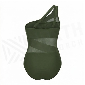 One Shoulder Asymmetric One Piece Swimsuit With Mesh Detail High Waist Women's Swimwear Solid <b>Green</b> Stretch <b>Bodysuit</b> - Product Image 2
