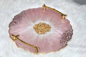 Plateau en résine géode rose peint à la main avec poignées en forme de feuille et sous-verres, taille et motif personnalisables - Product Image 4