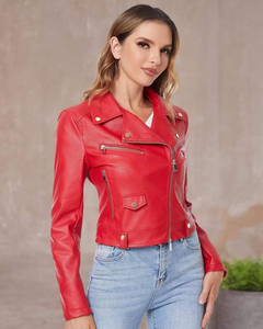 Chaqueta de Motociclista de Cuero Sintético Rojo para Mujer, Manga Larga, Cierre de Cremallera, Cuello Camisero, Estilo Otoñal - Product Image 4