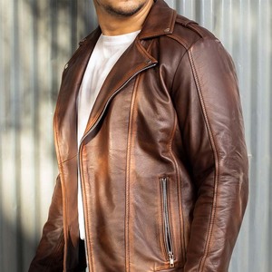 Brown Genuine <b>Leather</b> Canvas Motorcycle <b>Jacket</b> Men Zip-Up Stand Collar <b>Winter</b> Vintage Regular Fit with Zipper Pockets - Product Image 3