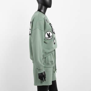 Ensemble court en molleton de coton 320 GSM vert menthe pour femme, doux et épais, avec logo personnalisé par transfert thermique en strass – Collections Femme - Product Image 6