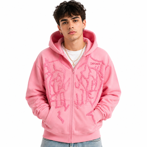 Sudadera con capucha para hombre con apliques de chenilla estilo grafiti, oversize, con cremallera completa, de felpa de algodón rosa, estilo urbano, para otoño e invierno, proveedor de marca privada - Product Image 1