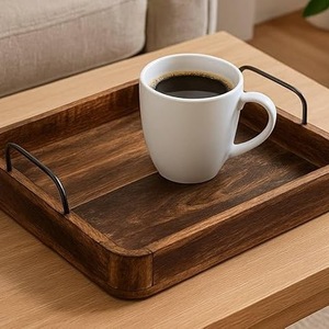 Acacia Wood Serving Tray with Metal Handles, Large Square Wooden Tray for <b>Coffee</b> <b>Table</b>, <b>Rustic</b> Wood Food Platter for Breakfast - Product Image 2