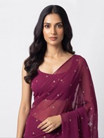 Sari en Georgette Magenta pour Femme, Broderie Étoile, Style Traditionnel Indien et Pakistanais, Longueur Ras du Sol, Vêtement de Mariage, Matériaux Recyclés