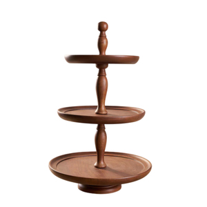 Expositor de pasteles de madera de mango natural de 3 niveles con asa de anillo, diseño exclusivo, torre redonda para cupcakes y postres a bajo precio - Product Image 3