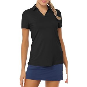 Women's <b>Black</b> V-<b>Neck</b> Short Sleeve <b>Polo</b> Tennis Shirt Fitted Moisture Wicking Polyester Jersey <b>Top</b> All Seasons - Product Image 3