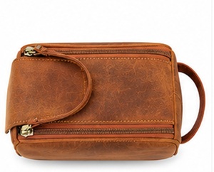 Gravs Premium Genuine Leather Eco-Friendly Waterproof Vintage Soft Handle Large Capacity Travel Dopp Kit Zipper Cosmetic <b>Case</b> - Product Image 2