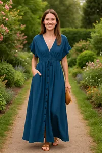 Blue <b>boho</b> maxi <b>dress</b> for women deep V neckline flutter sleeve button down front flowy long <b>summer</b> outfit <b>dress</b> - Product Image 5