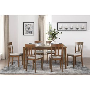 Set da Pranzo in Stile Transizionale 7 Pezzi, Finitura Ciliegio, Tavolo da Pranzo e 6 Sedie Laterali con Sedili Imbottiti in Tessuto Texturizzato - Product Image 1