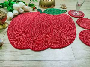 Handmade Beaded Apple Placemat With Coasters Red Fabric Novelty <b>Table</b> <b>Mat</b> Custom Shape Decorative Set - Product Image 3