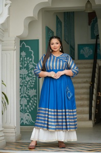 Angrakha Neck Rayon Anarkali Kurti Women's <b>Plus</b> <b>Size</b> Stripe Printed Three Quarter Sleeves Flared Fit Casual Wear Blue - Product Image 4