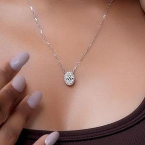 Oval Halo Diamond <b>Pendant</b> Necklace in <b>Solid</b> White <b>Gold</b>, Classic Lab Grown Diamond Solitaire Necklace for Women & Gift For Her - Product Image 3