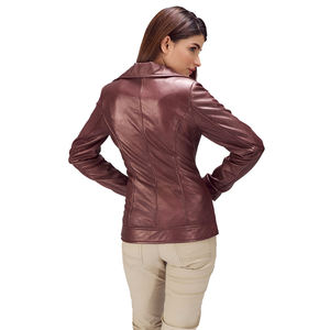 Chaqueta de Cuero Genuino Borgoña al por Mayor, Estilo Motero, con Cinturón, Cierre Asimétrico, Color Sólido, Otoño-Invierno, Ecológica, Impermeable, OEM - Product Image 5